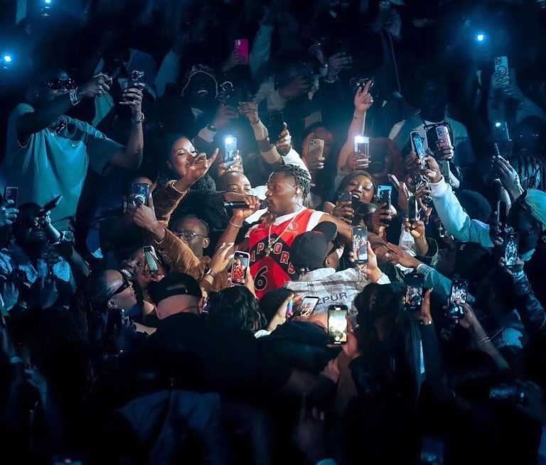 Artist performing in the middle of a concert crowd lit by phone screens